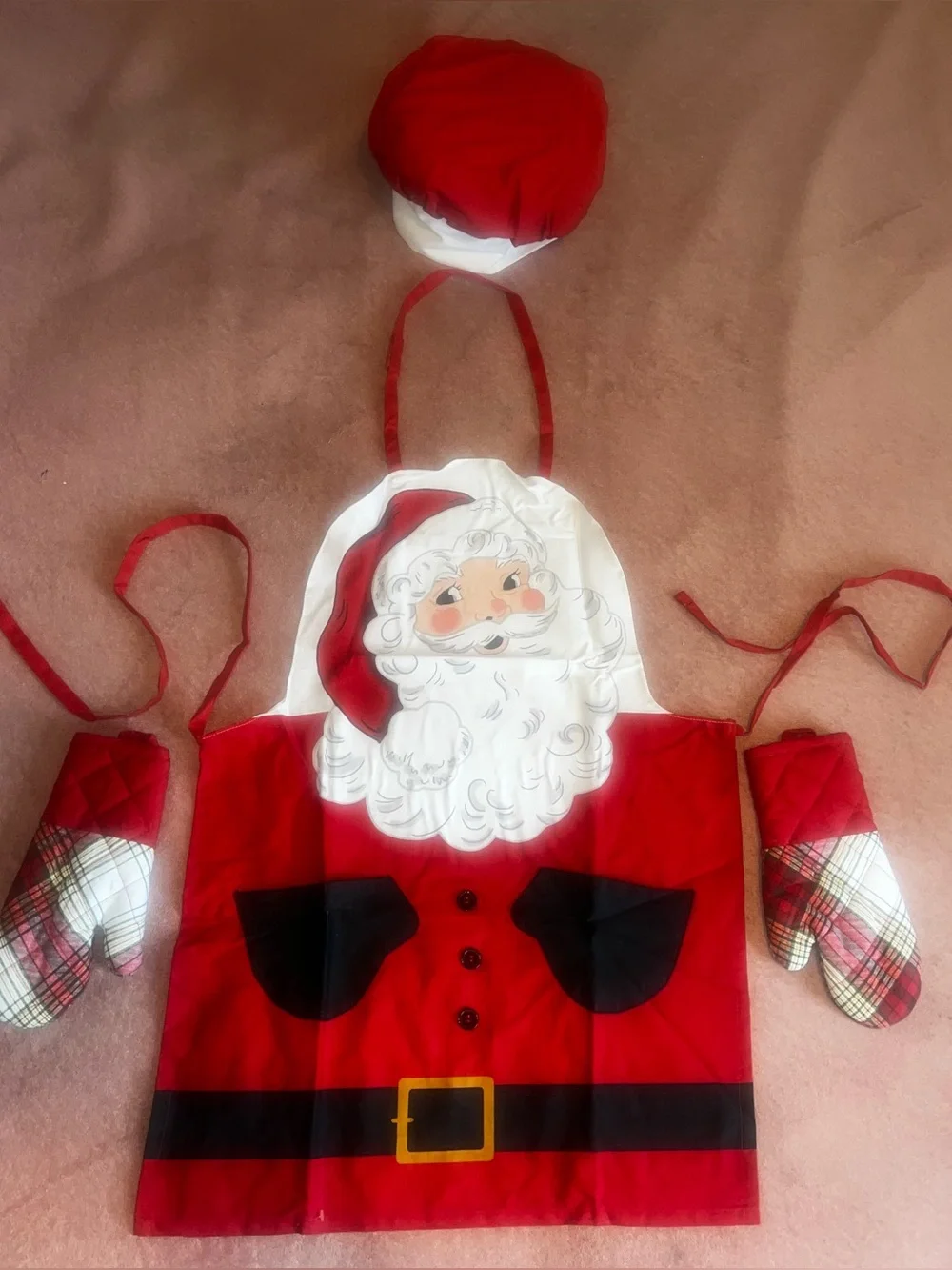 The Holiday Collection Kids Santa Chef Apron with Hat and Oven Mitts Red White